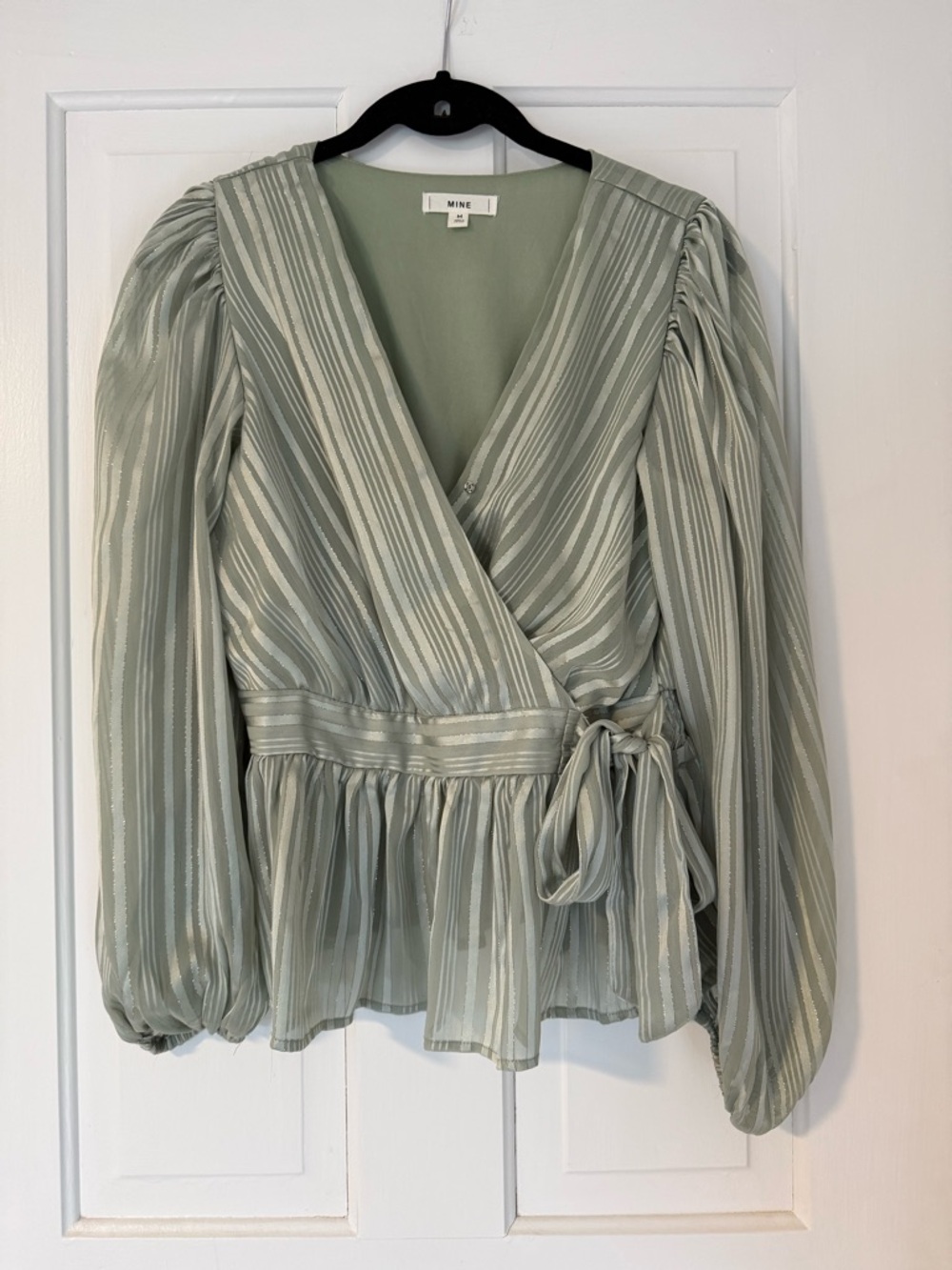 MINE Sage Green Striped Wrap Peplum Blouse